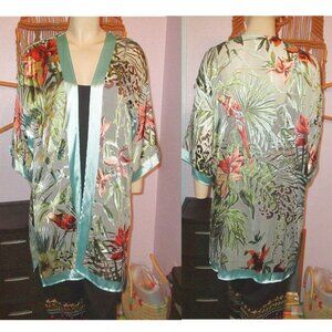Chico's Silk Blend Kimono Top Size M Paradise Escape Velvet Devoré Birds Layers